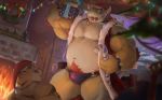  2020 anthro belly blush bowser bulge christmas christmas_tree clothing detailed_background duo felid hat headgear headwear hi_res holidays humanoid_hands koopa male mammal mario_bros moobs musclegut navel nintendo nipples overweight overweight_male pantherine pubes renoky santa_hat scalie tiger tree underwear video_games 