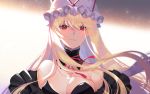  1girl bangs bare_shoulders blonde_hair breasts choker cleavage commentary_request detached_collar eyebrows_visible_through_hair hair_between_eyes hat hat_ribbon large_breasts long_hair looking_at_viewer mob_cap parted_lips red_choker red_eyes red_ribbon ribbon ribbon_choker roh_nam_kyung solo touhou upper_body white_headwear yakumo_yukari 