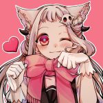  1girl :3 animal_ears bangs black_sailor_collar blush bow bowtie cat_ears gloves hair_ornament heart highres jibaku_shounen_hanako-kun kemonomimi_mode long_hair magatama_hair_ornament mu_(1729032449) one_eye_closed paw_pose pink_background pink_bow sailor_collar school_uniform shirt short_bangs sidelocks skull_hair_ornament solo upper_body white_gloves white_shirt yashiro_nene 