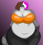  2020 anthro big_breasts bikini bottomwear breasts cjshadorunner cleavage clothed clothing female hair jeans mammal markings multicolored_hair overweight pants procyonid raccoon solo swimwear thick_thighs 