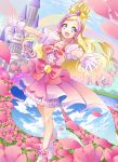  1girl :d absurdres bangs blonde_hair castle collarbone cure_flora day dress dutch_angle earrings field flower flower_field gloves go!_princess_precure green_eyes haruno_haruka highres jewelry long_hair multicolored_hair open_mouth outdoors outstretched_arms outstretched_hand parted_bangs pink_dress pink_flower precure purple_hair smile solo standing tied_hair two-tone_hair very_long_hair white_gloves yuutarou_(fukiiincho) 
