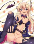  1girl ahoge arm_support armor ass bikini_armor black_legwear blonde_hair blue_eyes blush bottomless breasts broken_horn butt_crack demon_girl demon_horns demon_tail eyebrows_visible_through_hair fang high_heels horns lilith_(machikado_mazoku) long_hair looking_at_viewer machikado_mazoku mak066 navel open_mouth pussy shiny shiny_hair shiny_skin simple_background sitting small_breasts smile solo spread_legs star striped striped_background sweat tail thighhighs tongue 