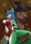  anthro aventis aventis_vixxx big_breasts blue_hair breasts brown_body brown_fur brown_hair canid canine canis choker clothing collar cover cover_page cowboy domestic_dog eyeshadow female fox fur gloves green_body green_eyes green_fur hair handwear hat headgear headwear hi_res jewelry legwear makeup male male/female mammal navel necklace smile stockings western 