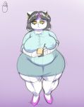  anthro belly big_belly big_breasts black_hair bored breasts catti_(deltarune) clothed clothing deltarune domestic_cat dress ear_piercing ear_ring eyeliner felid feline felis female footwear fur hair half-closed_eyes hi_res high_heels highlights_(coloring) huge_thighs huwon looking_at_viewer makeup mammal mascara narrowed_eyes nipple_outline notebook overweight overweight_female pen piercing pink_highlights shoes short_hair solo standing thick_thighs tight_clothing uniform video_games white_body white_fur wide_hips yellow_sclera 