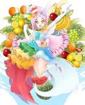  1girl absurdres armpits banana bangs blue_hairband blue_shirt boots cure_parfait dress_shirt elbow_gloves floating_hair food fruit full_body gloves grapes hairband hat high_heel_boots high_heels highres holding jumping kirahoshi_ciel kirakira_precure_a_la_mode lemon long_hair looking_at_viewer outstretched_arm parted_bangs pink_hair precure red_apple shiny shiny_hair shirt sleeveless sleeveless_shirt solo strapless_shirt very_long_hair watermelon white_footwear white_gloves yuutarou_(fukiiincho) 