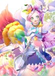  1girl :d absurdres bangs cure_parfait dress elbow_gloves floating_hair gloves green_eyes green_hairband hairband highres holding holding_staff kirahoshi_ciel kirakira_precure_a_la_mode long_hair looking_at_viewer open_mouth parted_bangs pink_hair precure shiny shiny_hair sleeveless sleeveless_dress smile solo staff striped striped_dress thighhighs v-shaped_eyebrows very_long_hair white_gloves white_legwear yuutarou_(fukiiincho) 