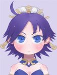  1girl ahoge bare_shoulders blue_eyes blush breasts cleavage closed_mouth commentary_request detached_collar ebimomo fuurai_no_shiren hair_ornament hairpin hat looking_at_viewer oryuu portrait purple_background purple_hair simple_background solo white_headwear 