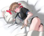  1girl black_shirt blue_eyes blush breast_pocket breasts brown_hair commentary_request cowboy_shot dress grey_dress grey_neckwear highres intrepid_(kantai_collection) kantai_collection large_breasts looking_at_viewer lying on_side panties pink_panties pocket ponytail shirt short_hair solo sozan underwear yes yes-no_pillow 