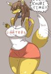  anthro big_breasts blush bottomwear breasts canid canine cleavage clothed clothing collar dipstick_tail female hi_res inumatori mammal multicolored_tail shorts simple_background text 