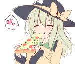  1girl black_headwear blush closed_eyes collared_shirt eating eyebrows_visible_through_hair facing_viewer food green_hair hat heart holding_pizza komeiji_koishi long_hair long_sleeves ominaeshi_(takenoko) pizza ribbon shirt simple_background slice_of_pizza solo spoken_heart touhou upper_body white_background yellow_ribbon yellow_shirt 