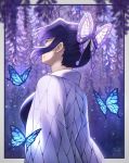  1girl blue_butterfly breasts bug butterfly butterfly_hair_ornament commentary_request from_behind hair_ornament hair_pulled_back haori insect japanese_clothes kimetsu_no_yaiba kochou_shinobu purple_butterfly purple_hair short_hair solo tears yuko666 