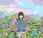  1girl aqua_flower bangs blue_flower blue_sky brown_eyes brown_hair cloud cloudy_sky day drawstring flower holding holding_umbrella hood hood_down hydrangea leaf long_sleeves looking_at_viewer oomumemo original outdoors pink_flower plant purple_flower red_flower short_hair sky solo umbrella 