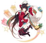  1girl :d agano_(azur_lane) agano_(christmas_eve_tease)_(azur_lane) arched_back armpits arms_behind_head arms_up azur_lane bag bell black_footwear black_hair boots box breasts brown_hair christmas commentary_request detached_sleeves dress earrings frilled_dress frills full_body fur_trim gift gift_box gradient_hair hair_ornament hecha_(swy1996228) high_heel_boots high_heels highres holding holding_sack jewelry large_breasts legs_up long_hair long_sleeves manjuu_(azur_lane) merry_christmas multicolored_hair official_art open_mouth red_dress red_eyes sack santa_costume santa_dress smile snowflake_hair_ornament star thigh_boots thighhighs transparent_background very_long_hair wide_sleeves zettai_ryouiki 