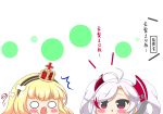  /\/\/\ 2girls absurdres antenna_hair azur_lane bangs black_hairband blonde_hair blush bow chibi crown eyebrows_visible_through_hair fang hair_bow hair_ornament hairband highres kurukurumagical mini_crown multicolored_hair multiple_girls o_o open_mouth parted_lips prinz_eugen_(azur_lane) queen_elizabeth_(azur_lane) red_eyes red_hair simple_background streaked_hair translation_request twintails v-shaped_eyebrows white_background white_bow white_hair 