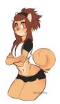  accessory belly_piercing bottomwear boy_shorts brown_hair brown_nose bulge canid canine canis carlene_(fenix-fox) clothed clothing domestic_dog fenix-fox fur geekidog girly gradient_background hair hair_accessory hairband hi_res hotpants male mammal orange_body orange_eyes orange_fur pinup pose pouting shirt shorts simple_background solo thick_thighs topwear underwear watermark wide_hips 
