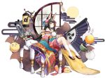  1girl animal_ears azur_lane bare_shoulders black_hair boqboq crescent crescent_hair_ornament fan folding_fan fox_ears fox_tail hair_ornament highres holding japanese_clothes kimono kneehighs long_hair looking_at_viewer machinery multiple_tails nagato_(azur_lane) nagato_(guardian_fox&#039;s_shining_furisode)_(azur_lane) off-shoulder_kimono official_art simple_background sitting solo tail tiara transparent_background turret weibo_logo weibo_username white_background white_legwear yellow_eyes 