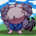  1:1 anthro balls belly big_balls big_belly big_bulge big_muscles big_penis bobert bulge cloud day genitals hi_res huge_balls huge_bulge huge_muscles huge_penis hyper hyper_balls hyper_bulge hyper_genitalia hyper_muscles hyper_penis looking_at_viewer male mammal musclegut muscular navel neckerchief penis procyonid raccoon sky smile whiskers 