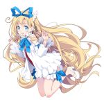  1girl angel blonde_hair blue_eyes blush_stickers detached_sleeves disgaea flonne full_body hair_ribbon highres leg_garter long_hair mary_janes musical_note_hair_ornament official_art open_mouth popped_collar ribbon shoes simple_background solo venus_eleven_vivid! very_long_hair w_arms white_background white_footwear 