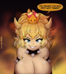  2019 alternate_species big_breasts blonde_hair blue_eyes bowser bowsette_meme breasts bust_portrait clothing collar crossgender crown digital_media_(artwork) dress english_text female hair hi_res horn horned_humanoid huge_breasts humanoid humanoid_pointy_ears humanoidized joaoppereiraus long_hair looking_at_viewer mario_bros mtf_crossgender nintendo not_furry portrait sharp_teeth simple_background solo super_crown teasing teeth text video_games 