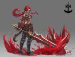  1boy abs absurdres armor blood brown_gloves deepmaru facial_scar gloves gradient gradient_background greatsword greaves highres holding holding_sword holding_weapon long_hair male_focus muscle original padded_armor pauldrons ponytail red_eyes red_hair scar smile solo standing sword teeth torn_clothes weapon 