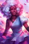  1girl ^_^ afro closed_eyes commentary dark_skin english_commentary eyelashes garnet_(steven_universe) happy highres juneru medium_hair multicolored_hair signature smile solo steven_universe third_eye torn_clothes tumblr_username two-tone_hair 