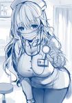  1girl blonde_hair breasts cleavage hat long_hair looking_at_viewer mafuyu monochrome name_tag nurse nurse_cap original pantyhose solo stethoscope surgical_mask wavy_hair yuuri_(mafuyu) 