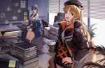  2girls arknights black_headwear black_jacket black_shorts blinds blonde_hair blue_hair blue_jacket book_stack ch&#039;en_(arknights) chair coffee_cup cup desk disposable_cup drill_hair green_eyes holding holding_cup horns indoors jacket lamp long_sleeves looking_at_viewer low_twintails map masin0201 monitor multiple_girls necktie off-shoulder_jacket office_chair open_mouth plant red_eyes shirt shorts sleeveless sleeveless_shirt smile sticky_note swire_(arknights) tile_floor tiles tissue_box twintails white_shirt yellow_neckwear 