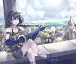  1girl absurdres alice_(sinoalice) balcony bare_shoulders barefoot blue_ribbon bodypaint breasts cameo choker cleavage crossed_legs dark_blue_hair day dutch_angle english_commentary expressionless eyebrows_visible_through_hair guitar hair_ribbon hairband highres holding holding_instrument horizon instrument music nivel-floss ocean parted_lips playing_instrument ribbon short_hair shorts sinoalice sitting sky solo strap_slip town yellow_eyes 