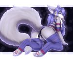  all_fours anthro big_breasts big_butt blue_eyes breasts butt canid canine clothed clothing countershading digitigrade female fluffy fluffy_tail fully_clothed fur garter_straps grey_body grey_fur hair hazukikai hi_res hindpaw inner_ear_fluff long_hair long_tail looking_at_viewer mammal multicolored_body multicolored_fur neck_tuft panties pawpads paws pink_pawpads purple_hair seductive smile solo tongue tongue_out tuft two_tone_body two_tone_fur underwear white_body white_countershading white_fur 