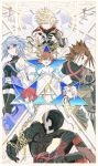  2girls absurdres ak_(tig72pnykkk) aqua_(kingdom_hearts) armor belt blonde_hair blue_hair brown_hair chain closed_eyes highres kingdom_hearts kingdom_hearts_birth_by_sleep mask multiple_girls outstretched_arm red_hair riku serious short_hair short_shorts shorts silver_hair sora_(kingdom_hearts) star terra_(kingdom_hearts) thighhighs vanitas ventus 