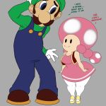  1:1 breasts clothed clothing dialogue duo english_text female hi_res human luigi lyn_nyl male mammal mario_bros nintendo short_stack text thick_thighs toad_(mario) toadette video_games wide_hips 