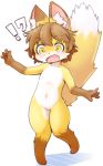  accessory anthro blush brown_hair canid canine canopus335 cub female flat_chested fox fur genitals hair hair_accessory hairclip hi_res kemono mammal navel nude open_mouth pussy short_hair simple_background solo white_background yellow_body yellow_fur young 
