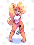  &lt;3 2018 activision anthro bandicoot bare_legs barefoot biped black_nose blonde_hair bottomless breasts clothed clothing club_(disambiguation) coco_bandicoot crash_bandicoot_(series) curled_hair diamond_(disambiguation) digital_media_(artwork) eyebrows female full-length_portrait fur green_eyes hair hair_over_eye hand_on_hip holding_object long_hair looking_at_viewer mammal marsupial nitro one_eye_obstructed open_mouth partially_clothed pinup ponytail portrait pose shadow shirt simple_background smile solo spade standing t-shirt tan_body tan_fur thick_thighs tools topwear video_games white_clothing white_shirt white_topwear wide_hips wrench wristband 