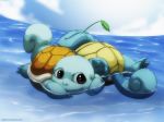  afloat blue_sky brown_eyes cloud cloudy_sky commentary commission creature day deviantart_username english_commentary full_body gen_1_pokemon happy mouth_hold namh no_humans outdoors pokemon pokemon_(creature) shell sky squirtle water watermark web_address 