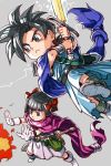  1boy 1girl black_hair bow brother_and_sister cape closed_mouth dragon_quest dragon_quest_v hair_bow hankuri hero&#039;s_daughter_(dq5) hero&#039;s_son_(dq5) short_hair siblings simple_background sword twins weapon 