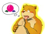  2010 anthro belly blush censored food fruit humanoid_hands kemono male mame_taro mammal overweight overweight_male peach_(fruit) plant simple_background solo tongue tongue_out ursid 