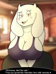  &lt;3 2020 anthro big_breasts blurred_background blush boss_monster bovid breasts caprine cleavage clothed clothing curvy_figure cute_fangs dialogue english_text female front_view fur half-closed_eyes hi_res holidays hoodie_stalker horn huge_breasts inside looking_at_viewer mammal mature_female narrowed_eyes open_mouth red_eyes shirt smile solo tank_top text text_box thick_thighs topwear toriel undertale valentine&#039;s_day video_games voluptuous white_body white_fur white_pupils wide_hips yoga_pants 