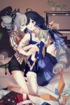  3girls bare_shoulders black_hair black_shorts blood blue_eyes blue_hair blue_shirt blush bow bronya_zaychik bronya_zaychik_(herrscher_of_reason) bronya_zaychik_(wolf&#039;s_dawn) chocolate commentary_request devilsw drill_hair dual_persona earrings grey_eyes grey_hair hair_bow hair_ribbon hand_on_another&#039;s_head highres holding_hands homu_(honkai_impact) honkai_(series) honkai_impact_3rd hug indoors jewelry long_hair multicolored_hair multiple_girls nintendo_switch nosebleed one_eye_closed ribbon seele_vollerei shirt shorts striped striped_shirt thighhighs twin_drills two-tone_hair white_legwear yuri 