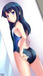  1girl adjusting_clothes adjusting_swimsuit alice_gear_aegis artist_name ass back black_hair black_swimsuit blue_eyes blue_swimsuit blush competition_swimsuit dated door eyebrows_visible_through_hair flat_chest hair_between_eyes highleg highleg_swimsuit highres indoors koashi_mutsumi long_hair looking_back mirror one-piece_swimsuit solo swimsuit tsuchimiya twitter_username wet wet_clothes wet_swimsuit 