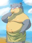  2014 anthro beach belly blush bodily_fluids humanoid_hands kemono male mame_taro mammal moobs nipples outside overweight overweight_male seaside solo sweat towel ursid water 