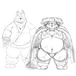  1:1 2020 anthro asian_clothing belly bulge canid canine clothing duo east_asian_clothing fundoshi hat headgear headwear hi_res japanese_clothing kemono male mammal monochrome moobs navel nipples overweight overweight_male raccoon_dog robe simple_background suishou0602 tanuki underwear 