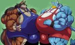  5:3 anthro avian beak big_bulge blush bobert bodily_fluids bulge canid canine fur grin gryphon huge_bulge hyper hyper_bulge looking_at_another male mammal multicolored_body multicolored_fur musclegut muscular nipples psychedelicshark smile sweat 