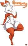  2019 5_fingers absurd_res anthro anthrofied big_butt bikini biped butt clothed clothing english_text female fingers flat_chested fur hi_res lagomorph legwear looking_at_viewer mammal nintendo pink_nose pok&eacute;mon pok&eacute;mon_(species) pok&eacute;morph scorbunny simple_background sitting skimpy small_waist smile solo swimwear text thecon thick_thighs thigh_highs triangle_bikini video_games white_background white_body white_fur wide_hips 