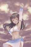  1girl alice_gear_aegis arm_up armpits breasts brown_hair cleavage clenched_hands closed_eyes cloud cloudy_sky cowboy_shot dark_skin detached_sleeves halterneck happy hide_0 kaneshiya_sitara long_hair midriff navel open_mouth sideboob skirt sky solo sunset 