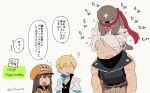  1girl 2boys :d animal animal_on_head asaya_minoru bangs bare_arms bare_shoulders black_shirt blonde_hair brown_hair cabbie_hat character_name chipp_zanuff collarbone drawstring eyebrows_visible_through_hair grey_background grey_hair guilty_gear guilty_gear_strive hair_between_eyes happy_birthday hat hood hood_down hoodie jacket ky_kiske may_(guilty_gear) multiple_boys on_head open_clothes open_jacket open_mouth orange_headwear orange_hoodie otter red_scarf scarf sharp_teeth shirt simple_background skull_and_crossbones sleeveless sleeveless_shirt smile sweat teeth translation_request twitter_username white_jacket |_| 