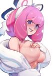  1girl bare_shoulders blue_eyes blush bow breasts coat covering_nipples deep_skin fur_coat hair_bow hairband highres kurara_(pokemon) large_breasts lips looking_at_viewer mole mole_under_mouth no_bra nose_blush off_shoulder open_clothes open_coat pink_hair pokemon pokemon_(game) pokemon_swsh sho-n-d smile solo white_background white_bow white_coat white_hairband 