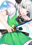  1girl aqua_nails arms_up bangs black_neckwear bow bowtie clenched_teeth commentary_request cowboy_shot eyebrows_visible_through_hair facial_scar fingernails glint green_eyes green_skirt green_vest gunjou_row hair_ribbon hand_on_own_cheek head_tilt highres holding holding_sword holding_weapon katana konpaku_youmu konpaku_youmu_(ghost) leaning_forward looking_at_viewer nail_polish petticoat puffy_short_sleeves puffy_sleeves ribbon scabbard scar scar_on_cheek sheath shirt short_hair short_sleeves silver_hair simple_background skirt smirk solo sword teeth touhou unsheathed vest weapon white_background white_shirt 