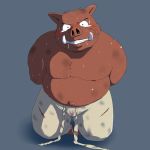  1:1 2011 anthro belly blush bodily_fluids bottomwear brown_body brown_fur bulge clothing crying fur kemono male mame_taro mammal moobs nipples overweight overweight_male pants simple_background solo suid suina sus_(pig) tears wild_boar 