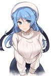  1girl alternate_costume black_skirt blue_eyes blue_hair commentary_request cowboy_shot double_bun hat kantai_collection long_hair ribbed_sweater sailor_hat senbei_(senbe_i) simple_background skirt smile solo sweater urakaze_(kantai_collection) white_background white_headwear white_sweater 