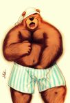  2016 5_fingers anthro brown_bear brown_body brown_fur clothing fingers front_view fur grizzly_bear hand_in_underwear hat headgear headwear hokin_the_bear male mammal navel nightcap one_eye_closed open_mouth pajamas portrait signature solo standing three-quarter_portrait underwear ursid ursine yawn 